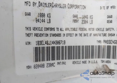 2004 Dodge Stratus Sxt z USA, uszkodzony, nr VIN 1B3EL46J14N306719